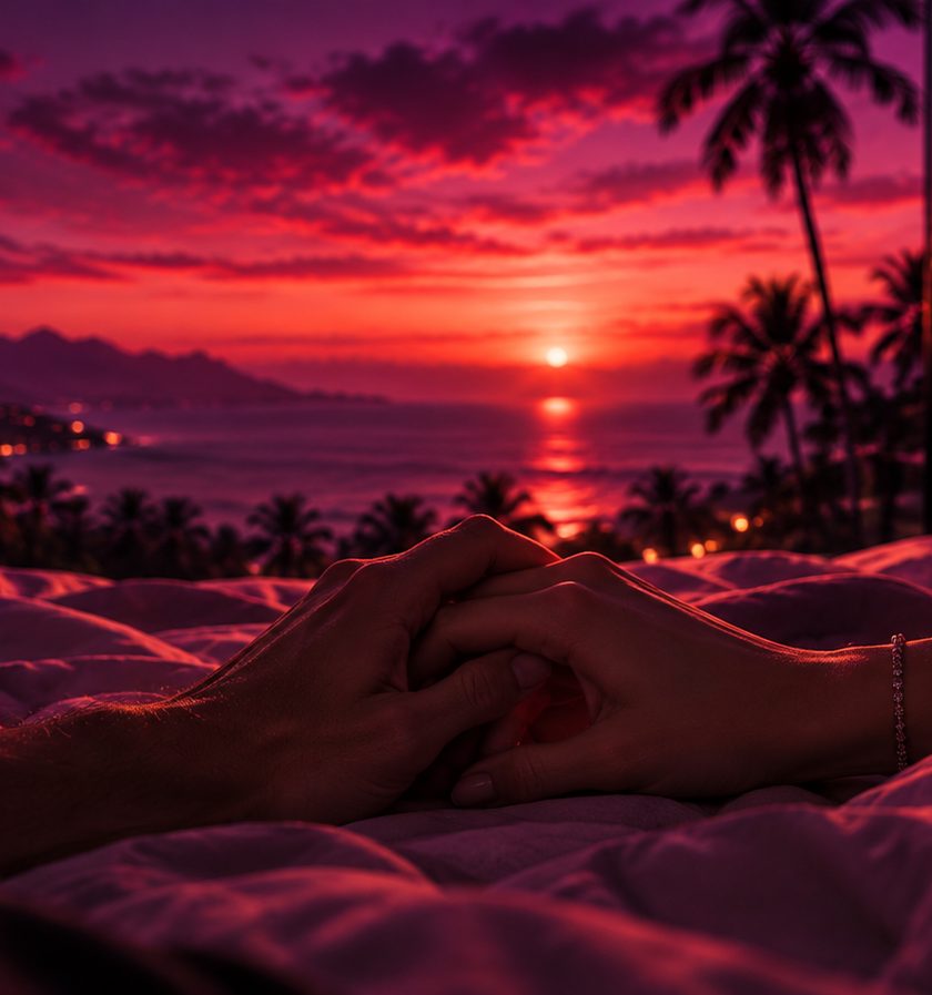 Two hands held together on a bed, facing a tropical sunset